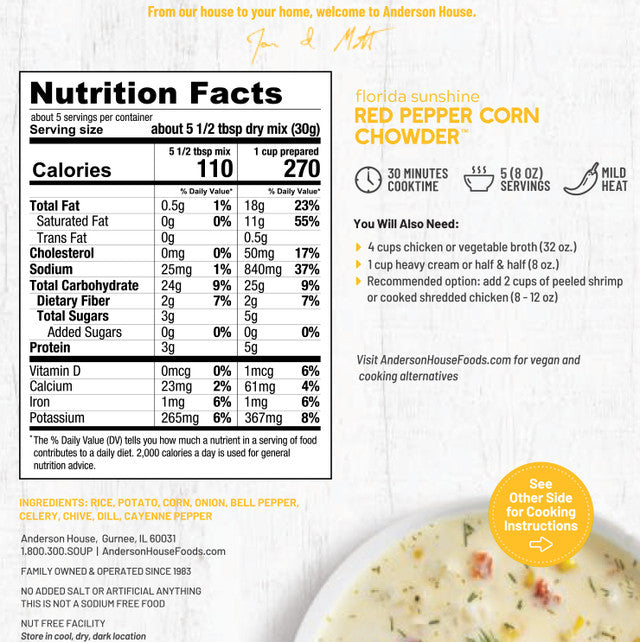 Anderson House - Mezcla para sopa de maíz y pimiento rojo Florida Sunshine de Frontier Soups